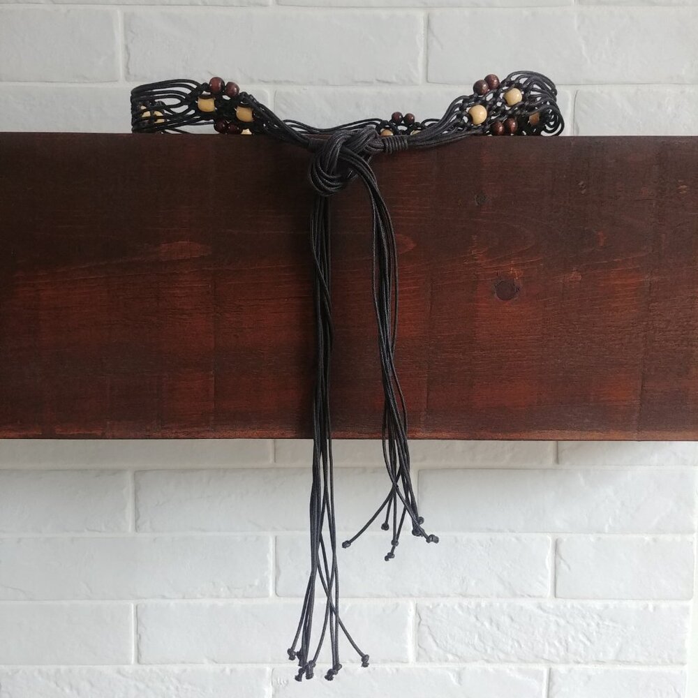 Very dark brown woven beaded leather tie belt